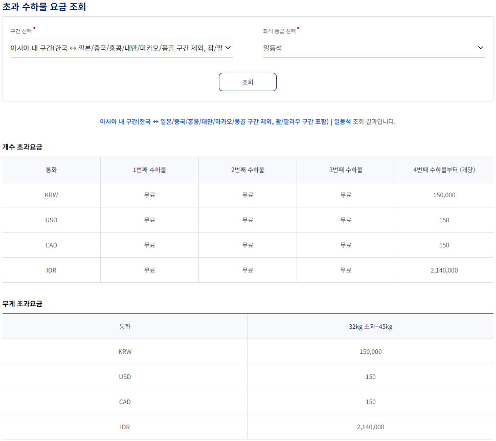 대한항공 초과 수하물 요금 규정-아시아 내 구간-일등석