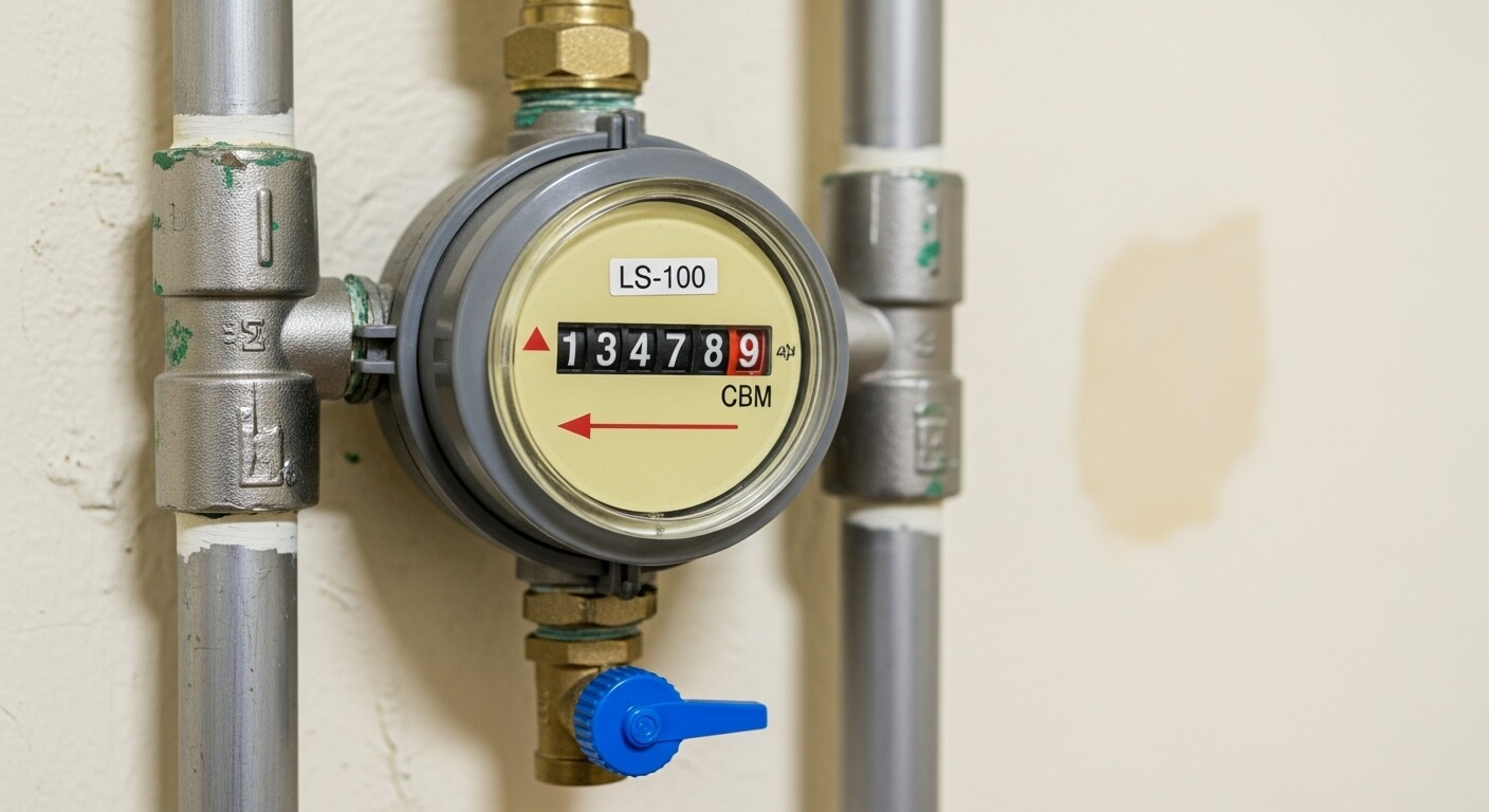 오래된 아날로그 수도 계량기 근접 촬영