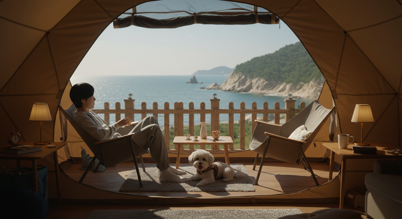 강릉 바다뷰 애견 글램핑장에서 반려견과 휴식하는 한국인