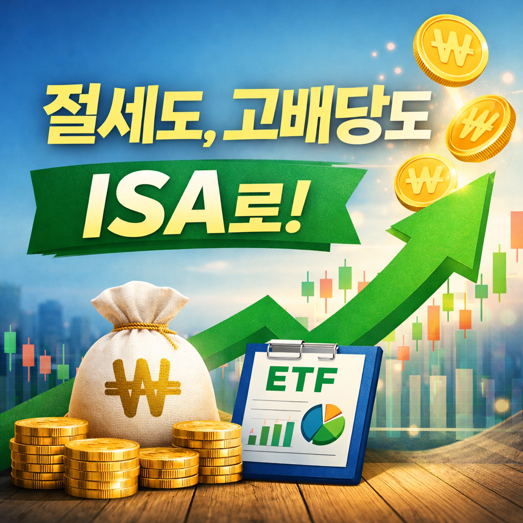 코리아 밸류업 ETF와 고배당 ETF를 ISA 계좌 관점에서 비교하는 투자 이미지, 상승 화살표와 ETF 문서, 원화 코인, 자산 증가를 상징하는 그래픽이 포함된 썸네일