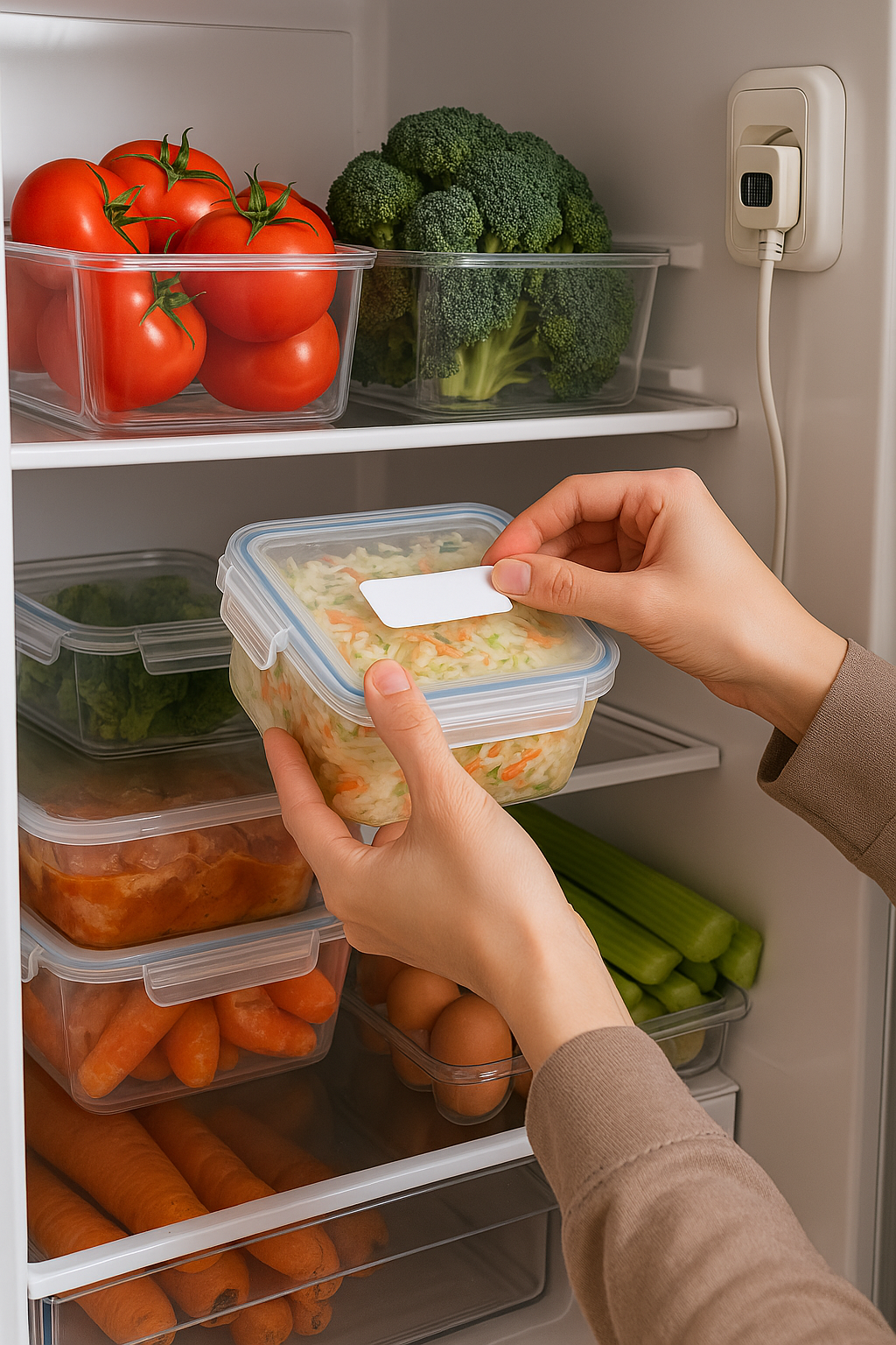 alt=&quot;투명한 용기에 담긴 토마토, 브로콜리, 양배추샐러드, 양념닭, 당근 등이 깔끔하게 정리된 냉장고를 정리하며 라벨을 붙이는 사람&quot;