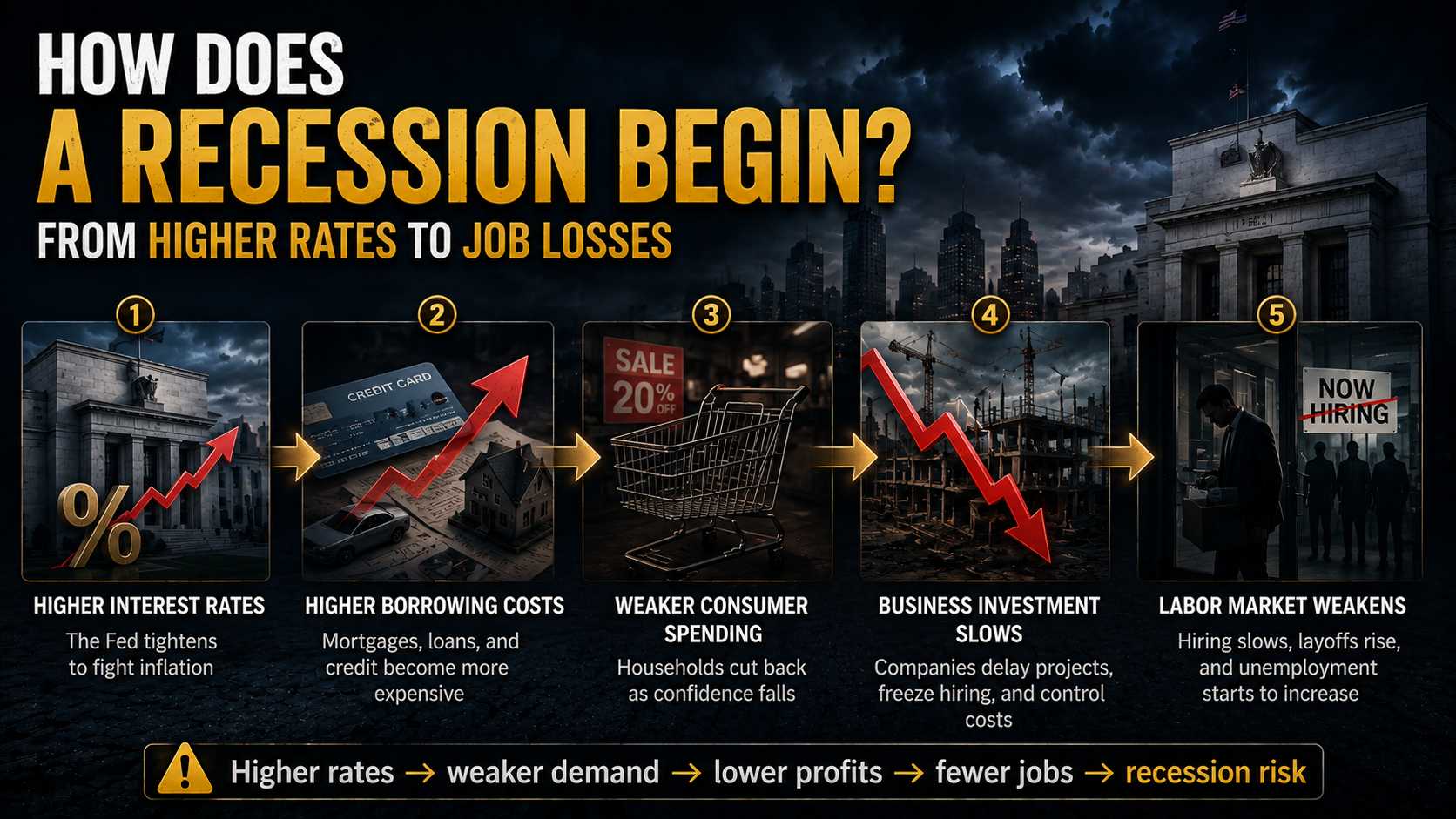 How a recession begins with higher interest rates and leads to weaker spending investment and employment