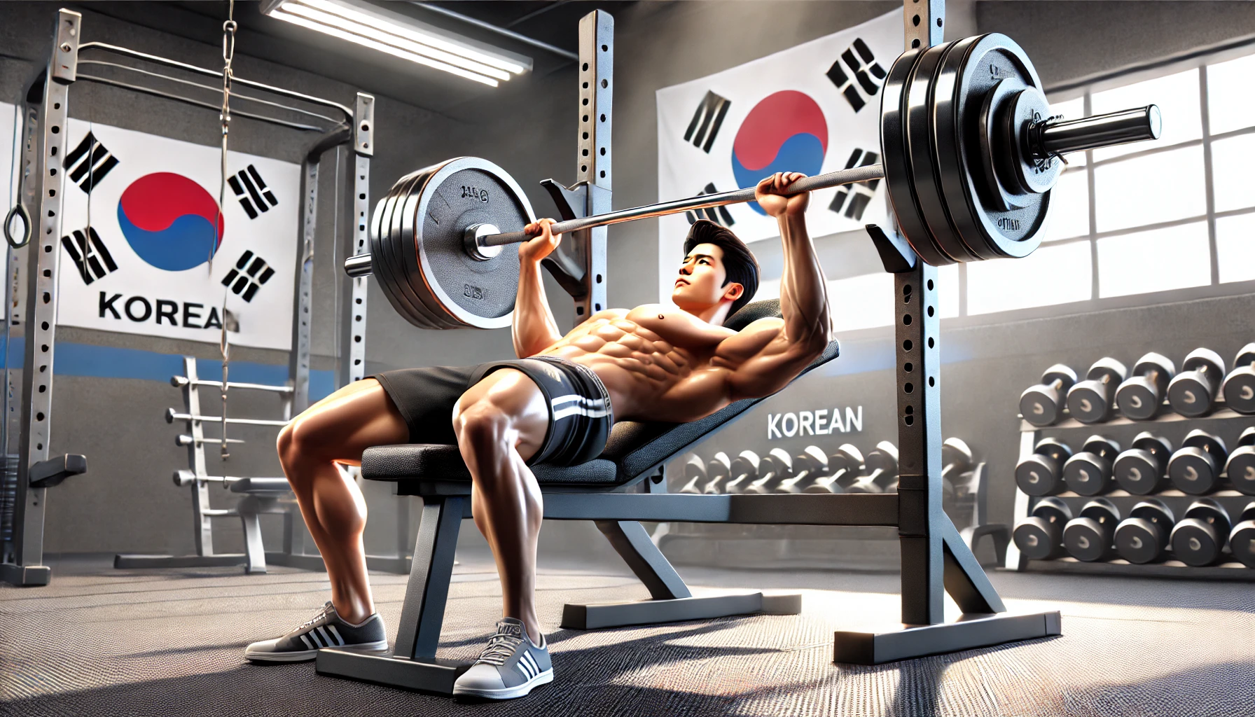 근육질의 한국 남성이 체육관에서 올바른 자세로 벤치프레스를 수행하는 모습. 검은 벤치에 누워 바벨을 안정적으로 잡고 있으며, 주변에는 웨이트랙과 아령, 한국어로 된 동기 부여 문구가 보인다.