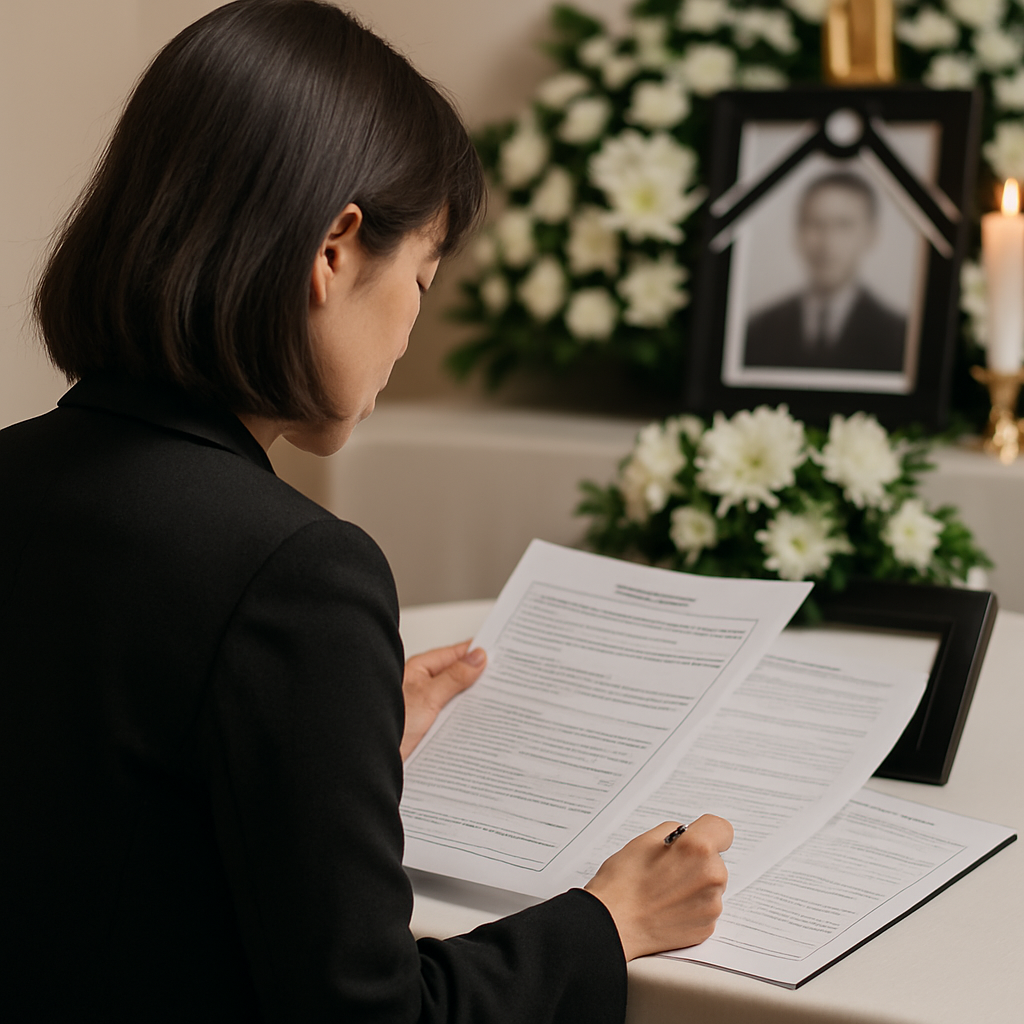 유족이 고인의 보험 서류를 정리하는 모습