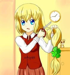 빨간-조끼를-입은-금발머리의-소녀가-비장한-모습으로-엉덩이까지-내려온-긴머리를-가위로-스스로-짧게-잘라버리는-모습