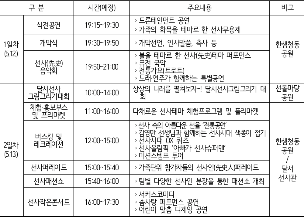 선사문화체험축제 행사일정표