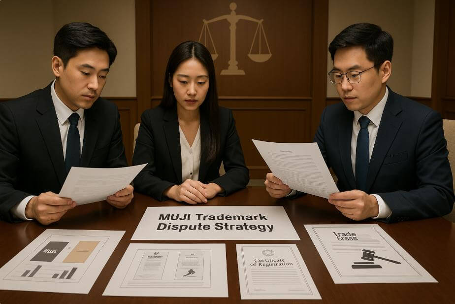 법무팀이 MUJI 분쟁 전략 문서를 검토하는 장면.