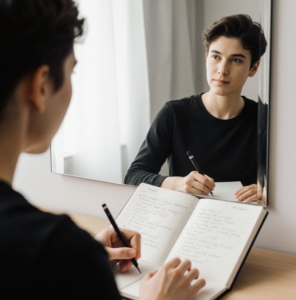 거울 앞에서 거절 방법을 연습하는 모습.