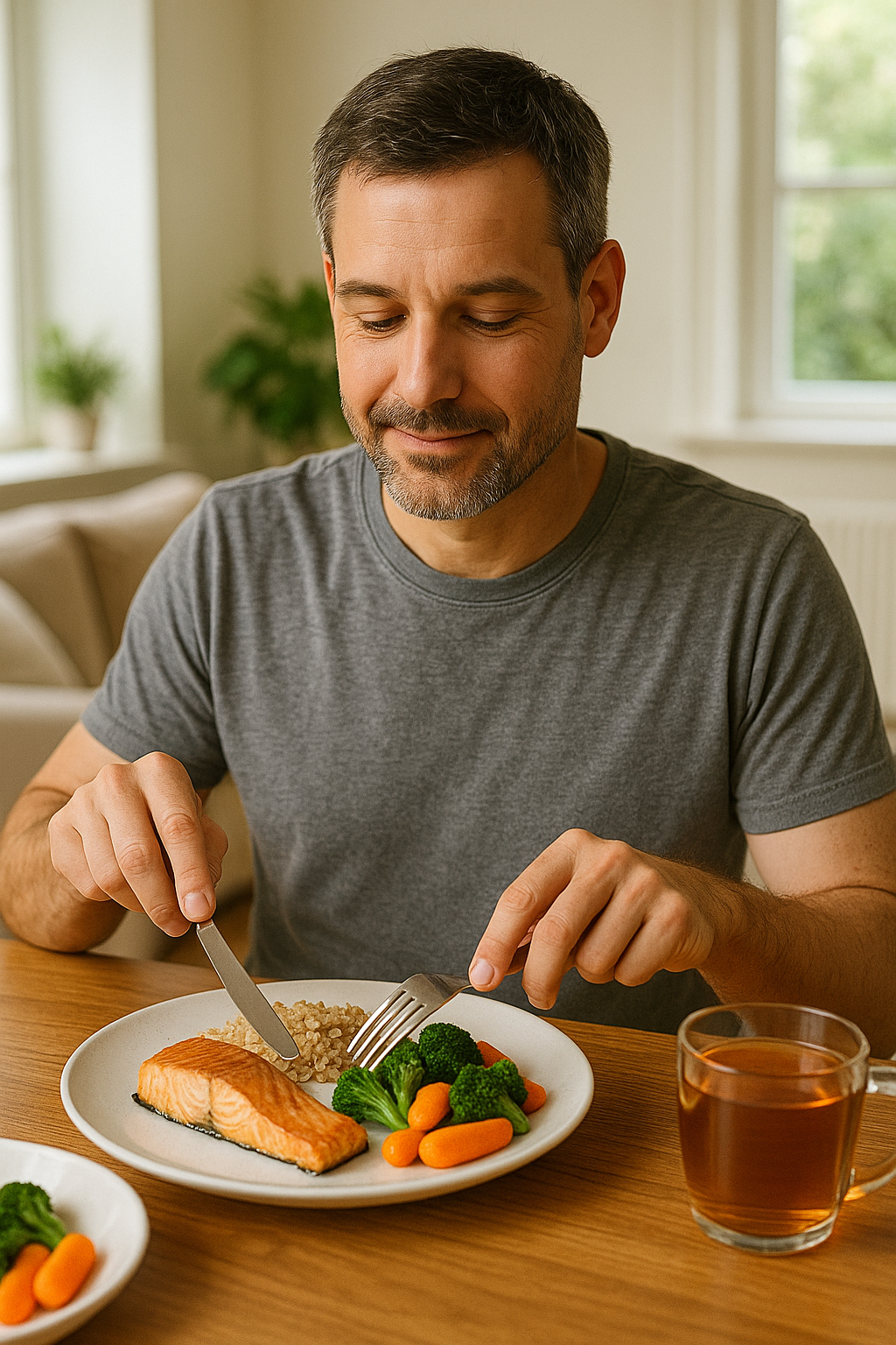 건강한 식단으로 점심을 먹는 40대 중년 남성