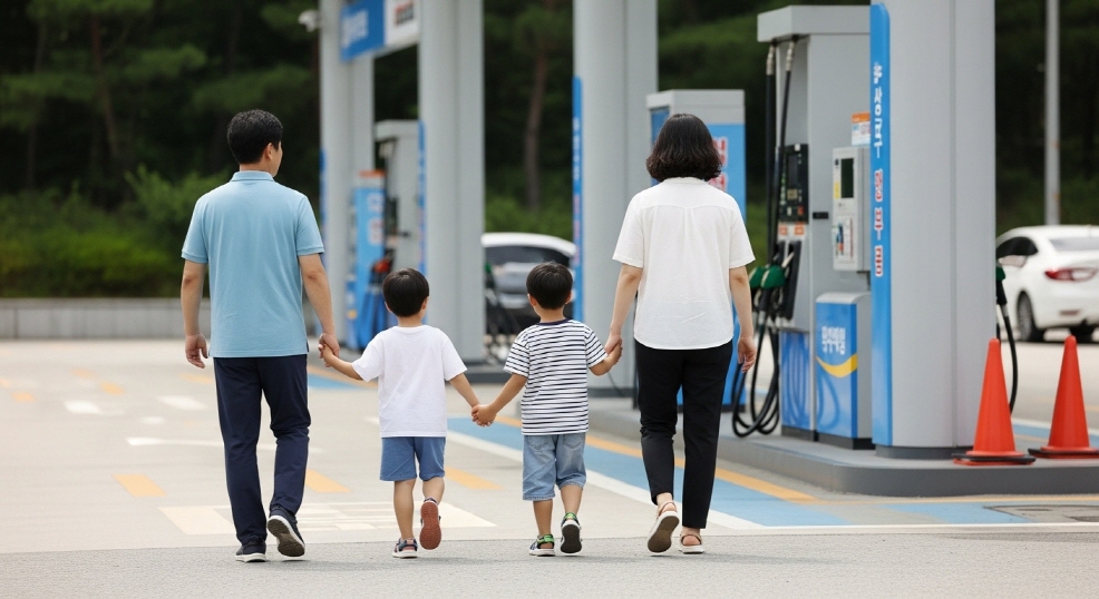 자녀와 함께 주유소에서 걷는 가족