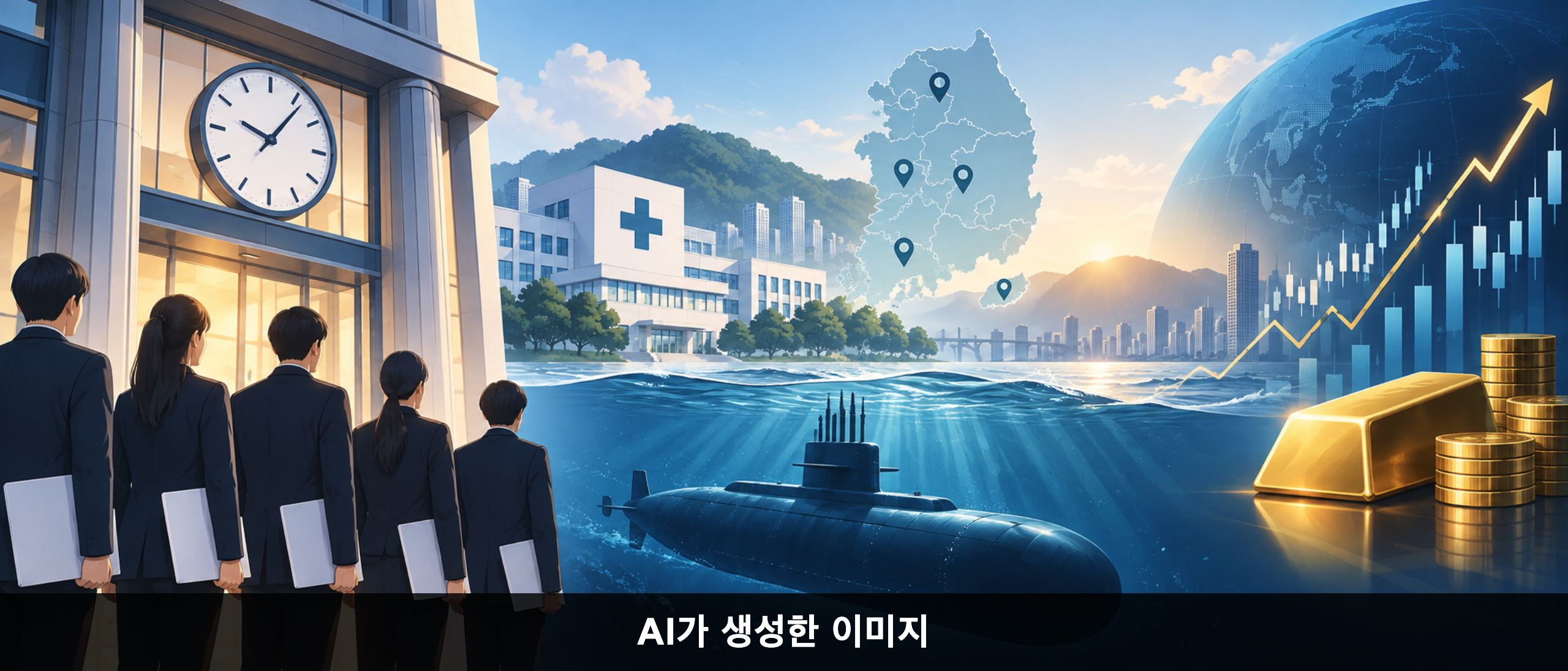 은행 영업시간, 대졸 채용, 지역 소아의료, 핵추진잠수함, 금리와 금값을 상징하는 아침 뉴스 개념 일러스트