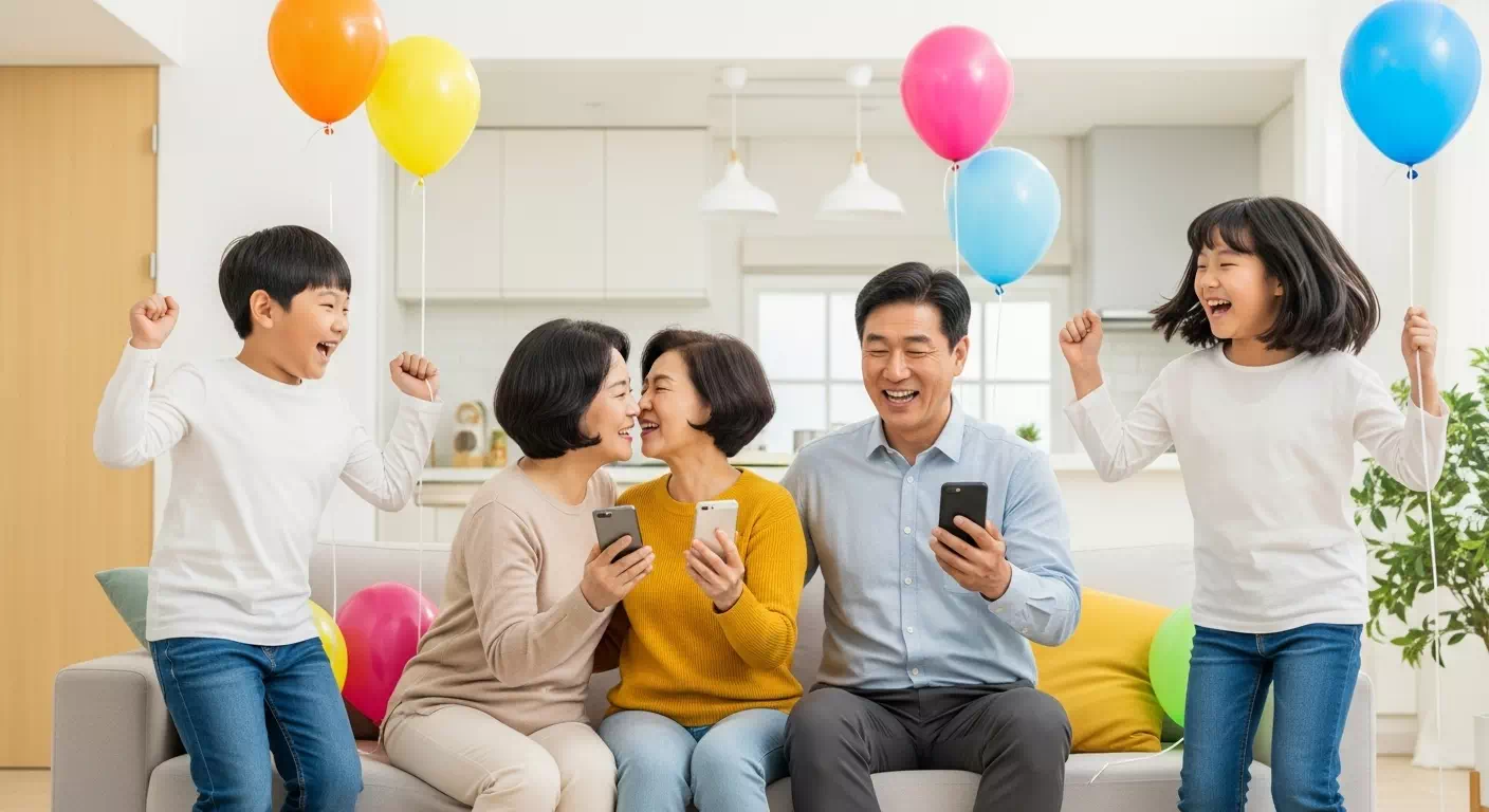 스마트폰으로 소비쿠폰 지급 알림을 받고 가족들이 함께 기뻐하는 모습. 따뜻한 거실 배경