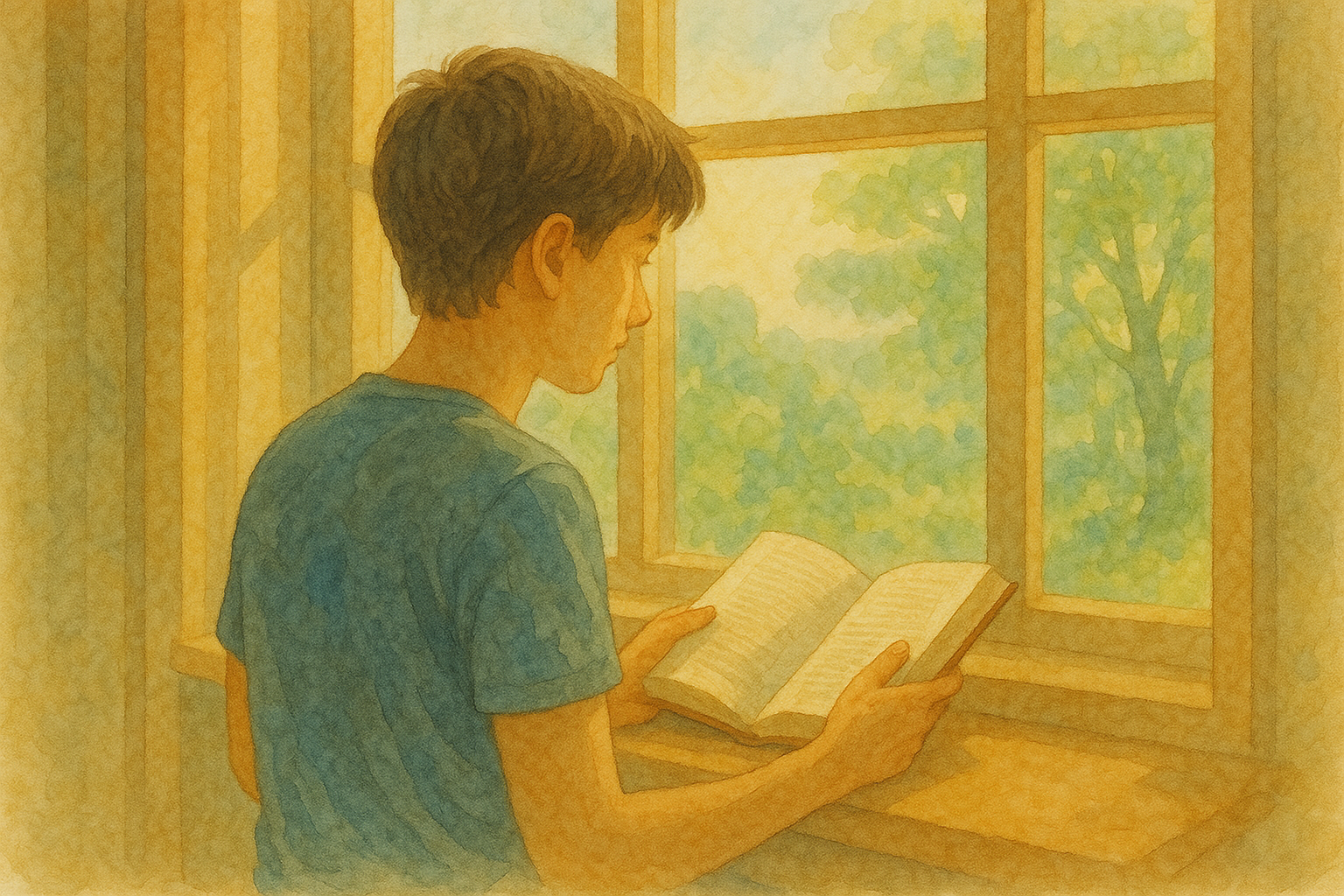 창문 옆에서 책을 읽는 모습