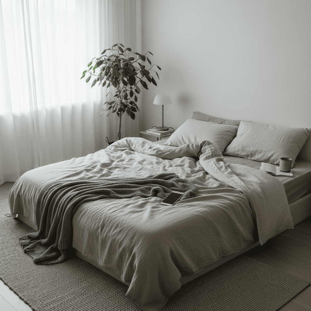 주말 오후 집에서 아무 일정 없이 시간을 보내는 조용한 침실 풍경