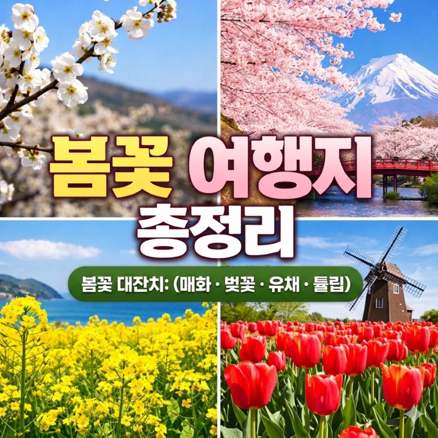 매화, 벚꽃, 유채꽃, 튤립 등 국내외 주요 봄꽃 여행지를 총정리하여 소개하는 블로그 썸네일