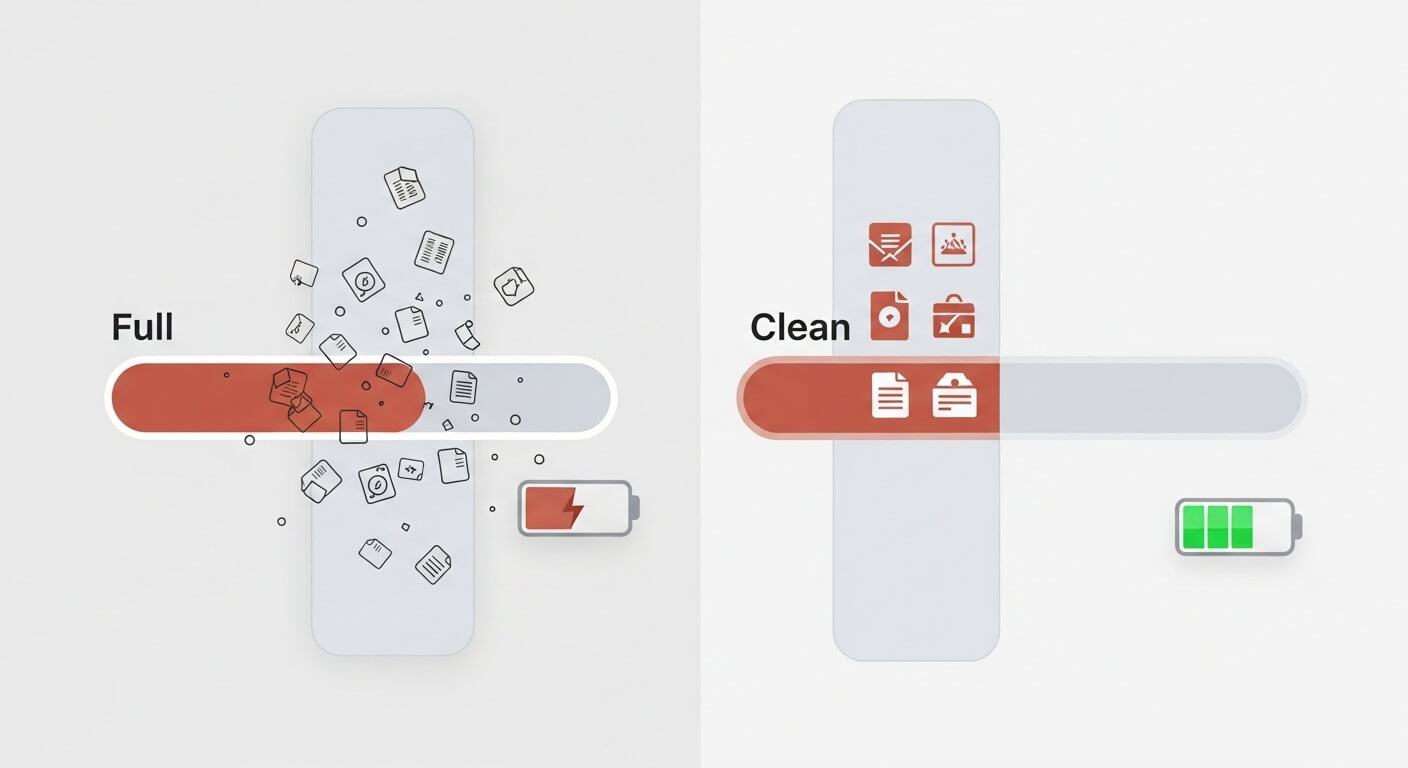 스마트폰 저장 공간 최적화 및 배터리 성능 개선을 시각화한 이미지