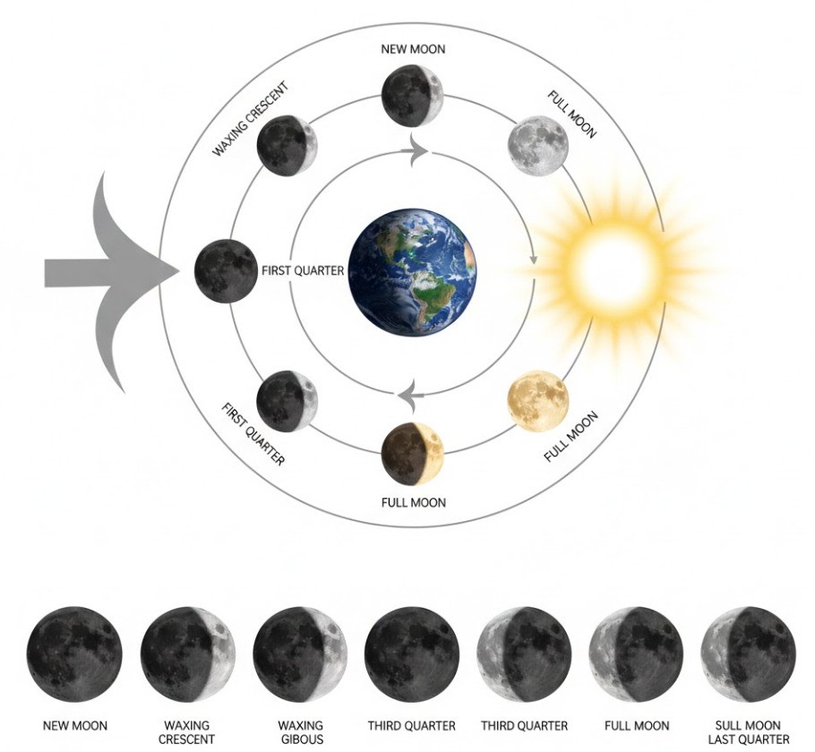 달의 위상 변화 원리 삭망월 조석력 월식 개념 설명 천문학 입문