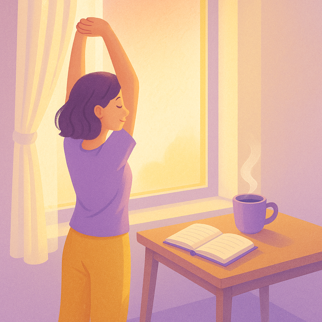 창가에서 아침 햇살을 받으며 스트레칭하는 사람의 평화로운 모습