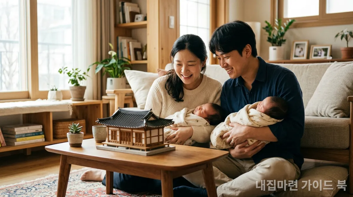신생아 특례 대출 혜택을 상징하는 한국인 신혼부부가 아기와 함께 집 모형을 바라보는 모습