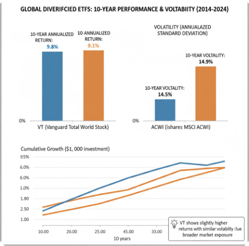 VT, ACWI 등 글로벌 분산형 ETF의 과거 10년 수익률 및 변동성 비교 차트