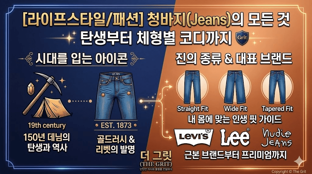 19세기 골드러시 역사부터 체형별 청바지 핏(스트레이트, 와이드, 테이퍼드), 대표 데님 브랜드 정보를 요약한 라이프스타일 인포그래픽 썸네일