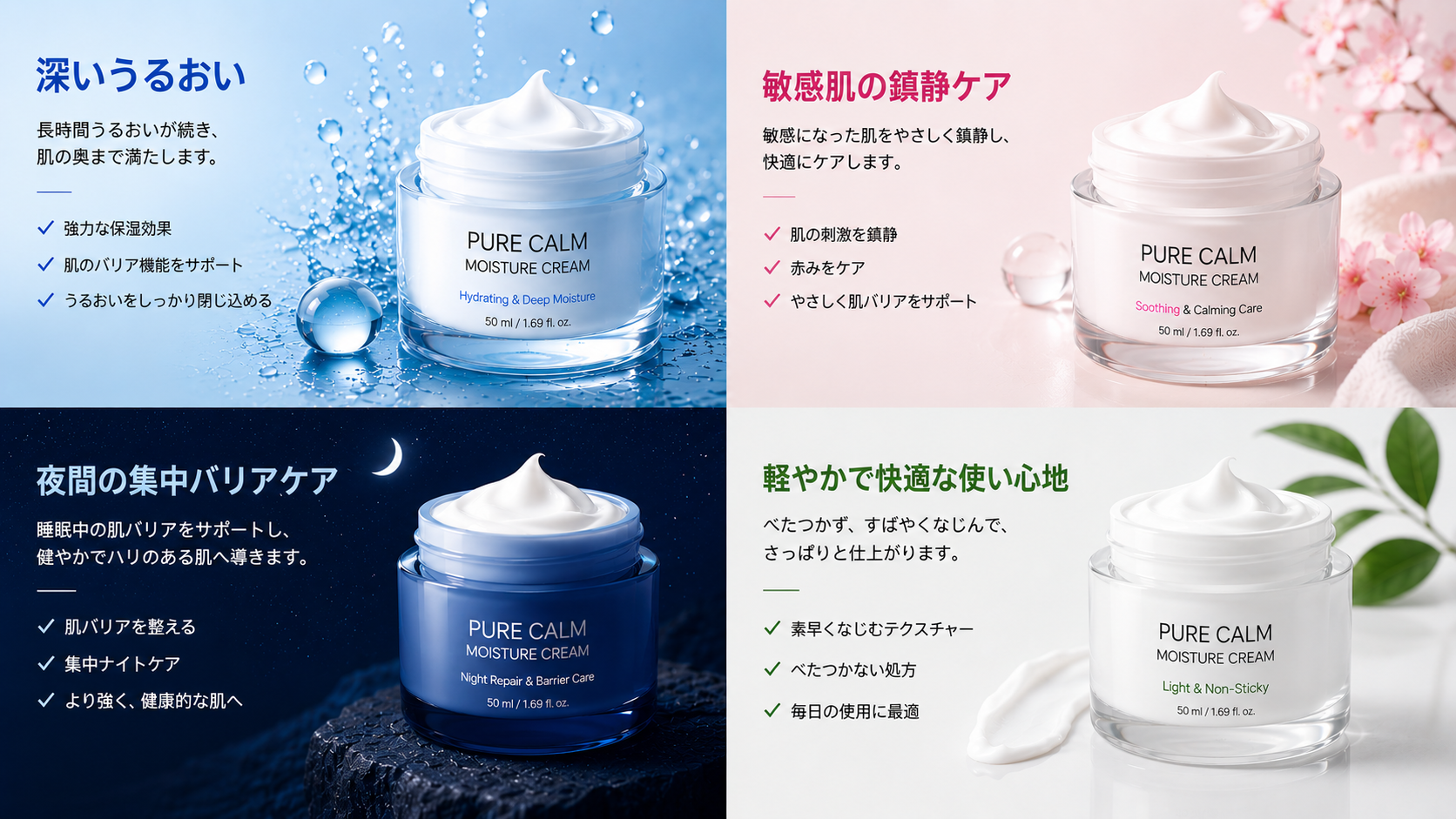 同じスキンケア商品を異なるコンセプトで表現した例