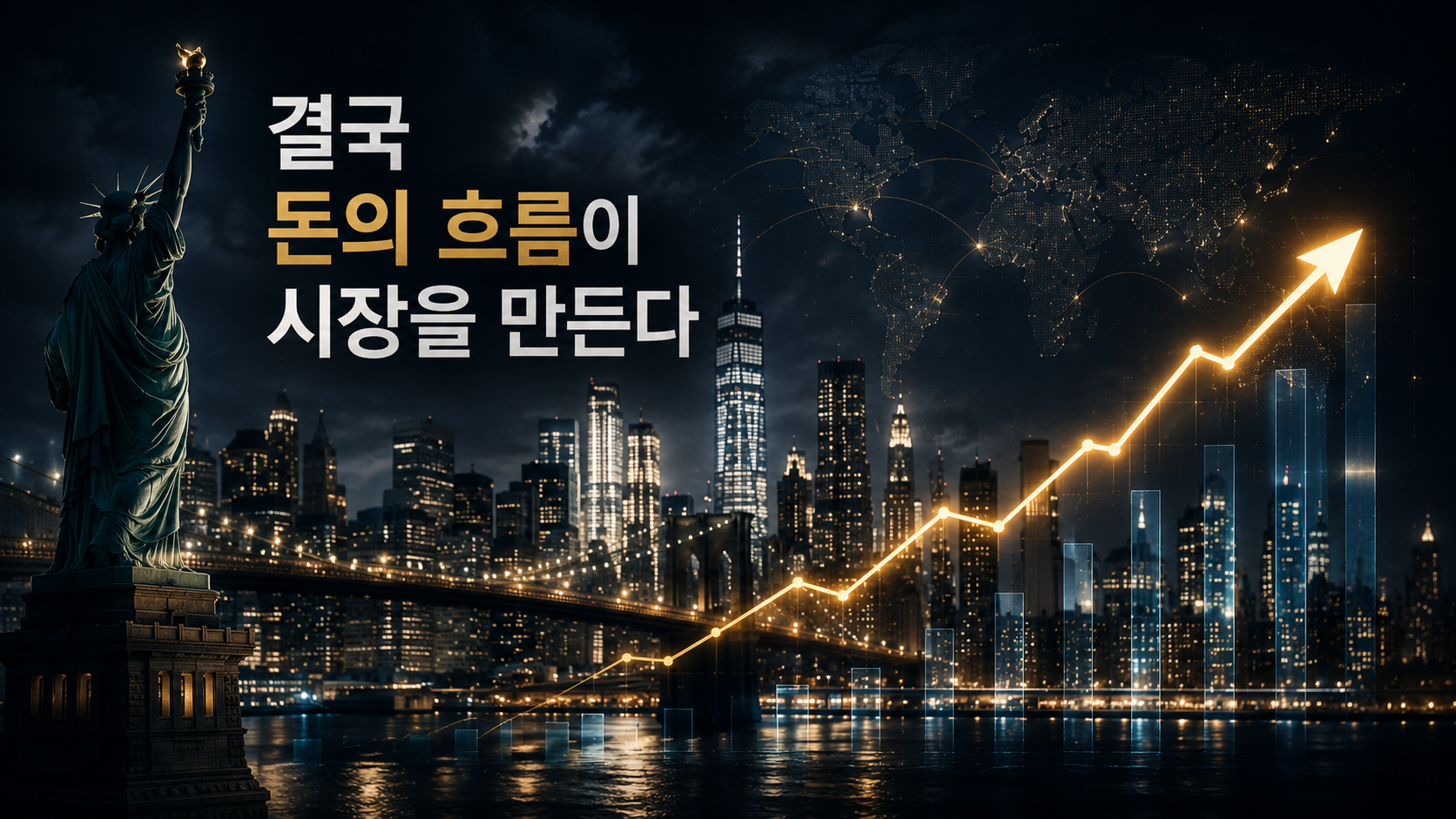 미국 금융시장과 글로벌 자금 흐름 상승을 표현한 경제 이미지
