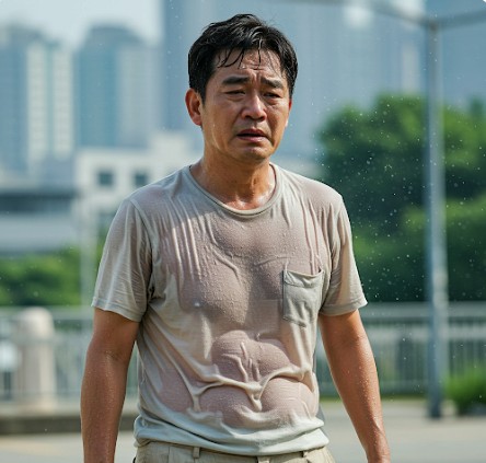 50대 한국 남성이 더운 날씨 때문에 힘들어 하는 모습