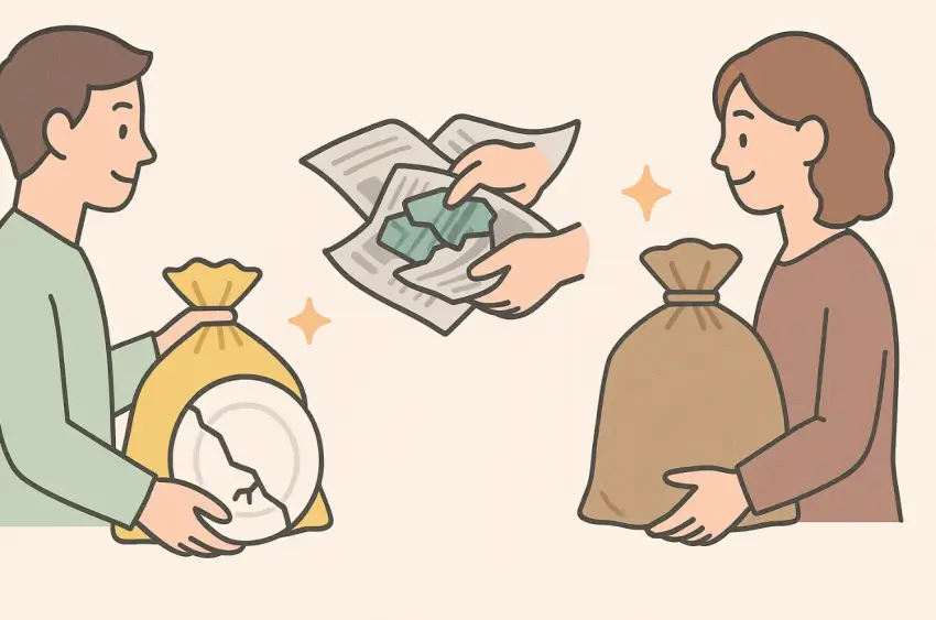 깨진 그릇 버리는 법 중 종량제 봉투와 마대를 비교한 일러스트