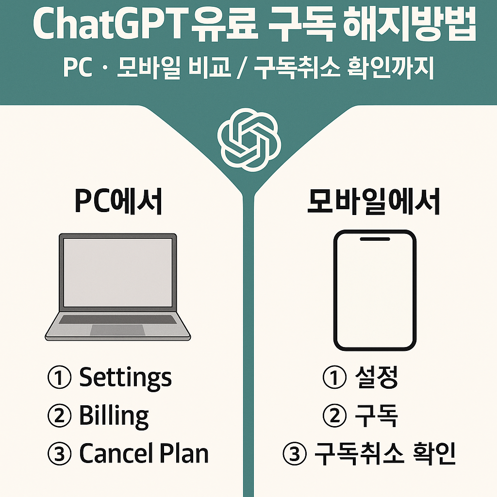 ChatGPT 유료버전 해지 방법과 PC 및 모바일에서 구독 취소 확인 방법을 안내하는 뉴스형 썸네일 이미지