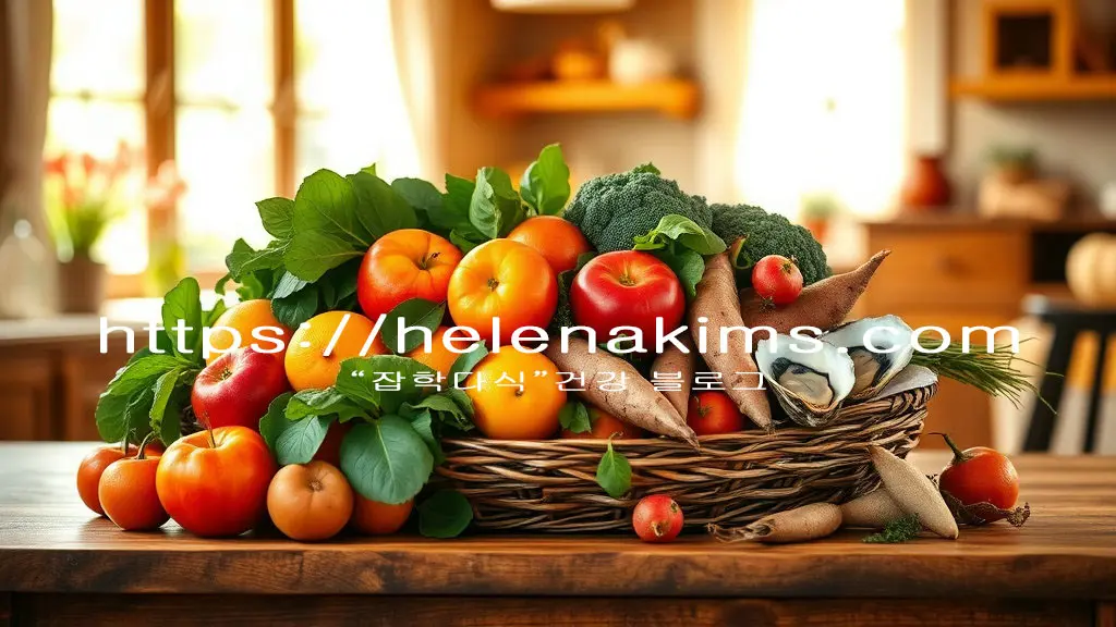 따뜻하고 부드러운 자연광이 비추는 아늑한 공간. 나무 식탁 위에는 풍요로운 가을과 겨울의 제철 식재료, 붉게 잘 익은 사과와 주황빛 감, 노란 귤, 싱싱한 잎채소(시금치, 브로콜리 등), 흙이 묻은 듯 자연스러운 고구마와 무, 그리고 바다의 신선함을 담은 굴이나 새우가 조화롭게 놓여 있는 모습.