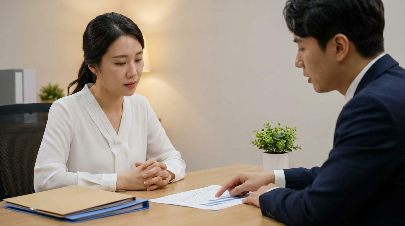 증권사 창구에서 상담받는 사람