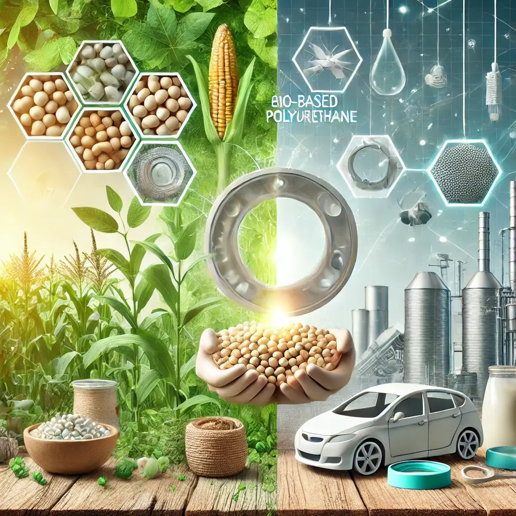 왼쪽에는 식물과 곡식을 보여주고 오른쪽에는 연구와 생산 공장 이미지를 보여주는 배경으로 맨 앞에 사람의 손으로 곡식을 한움큼 집어들고 있는 이미지