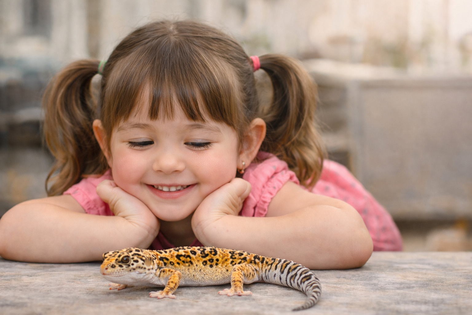 도마뱀을 바라보며 웃고있는 여자아이 이미지