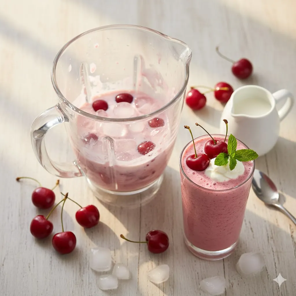 신선한 체리와 우유&amp;#44; 얼음 등이 믹서기에 갈려 건강하고 시원한 스무디가 완성되는 과정 또는 완성된 스무디 한 잔이 아름답게 담겨 있는 모습. 