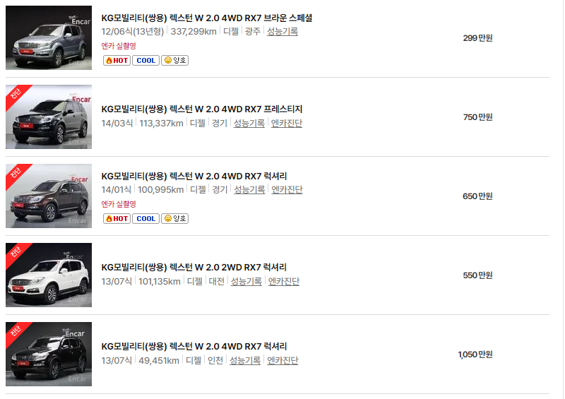 KG모빌리티(쌍용) 렉스턴 중고차 가격 시세표 24년10월