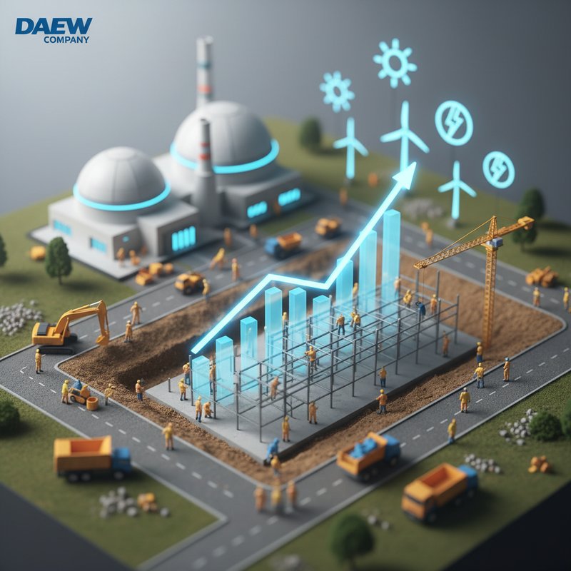 대우건설 건설 현장과 급등하는 주식 그래프, 원자력 발전소 모델을 담은 미니어처 디오라마 스타일, 틸트시프트 효과