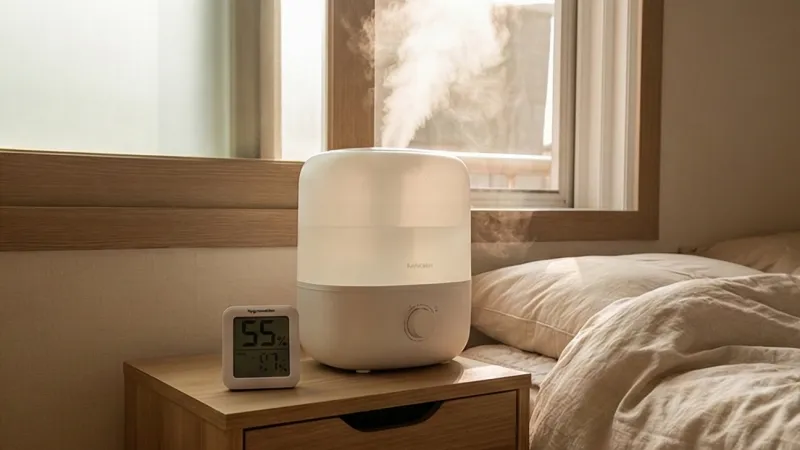 습도를 높여 난방 효율을 돕는 침실의 가습기와 습도계