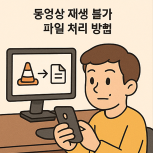 밝은 표정의 캐릭터가 스마트폰을 들고 다운로드 아이콘을 보여주는 장면