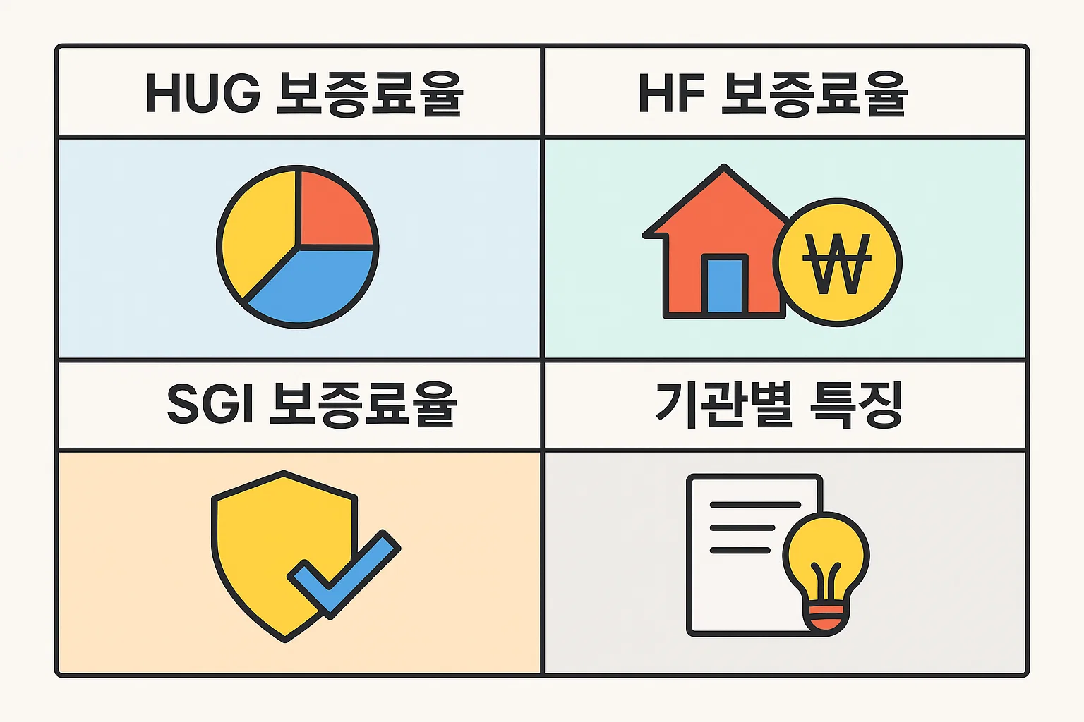 HUG, HF, SGI 등 전세보증보험 주요 기관의 보증료율 차이와 특징을 표 형식으로 정리한 인포그래픽.