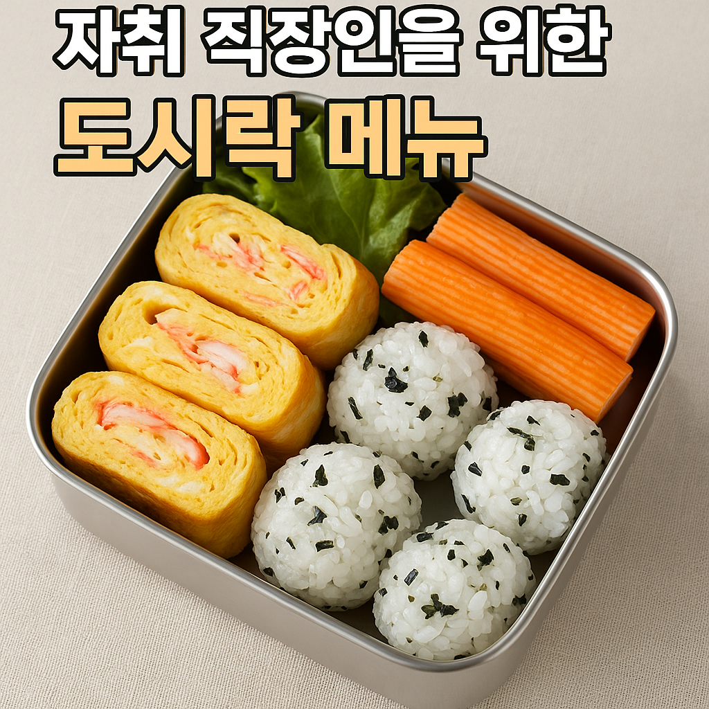 도시락통 안에 크래미 달걀말이, 김가루가 뿌려진 주먹밥 4개, 주황색 크래미 스틱이 가지런히 담겨 있고, 배경은 베이지색 천으로 깔끔하게 연출된 이미지입니다. 상단에는 &ldquo;자취 직장인을 위한 도시락 메뉴&rdquo;라는 문구가 한글로 적혀 있습니다.