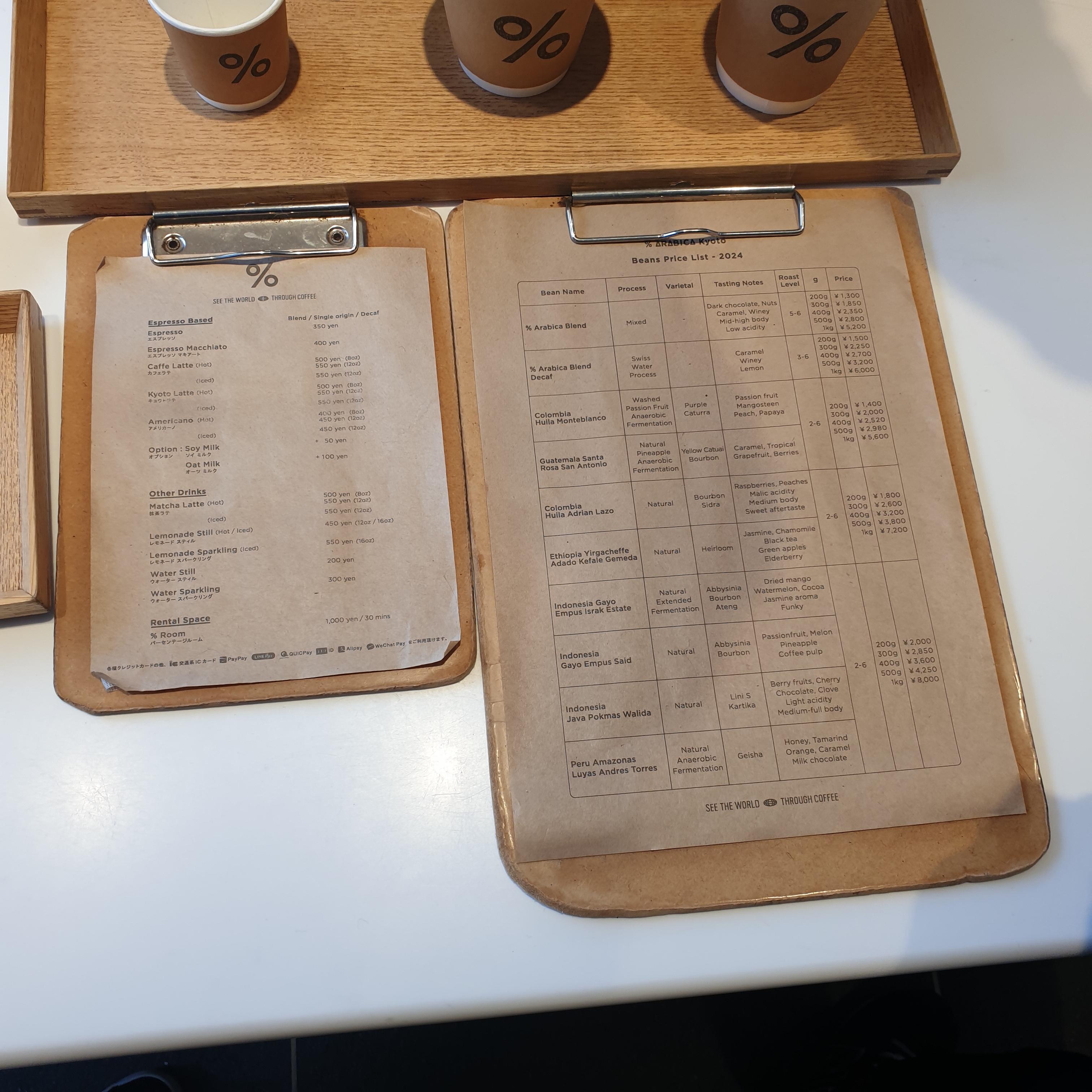 교토 카페 투어 ③ 구라스 교토 스탠드, 응 카페, 커피샵 마루야마_응 카페_메뉴판