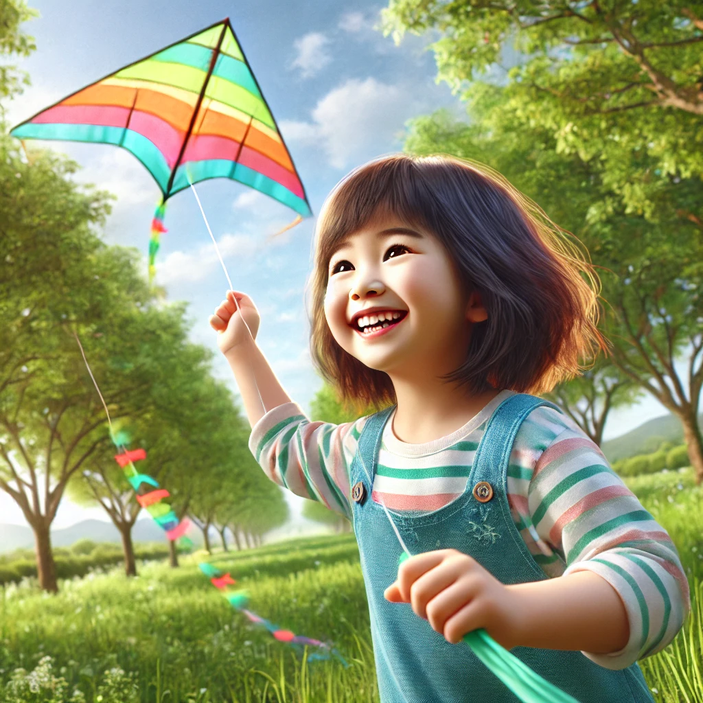 5살 정도 된 한국 아이가 푸른 공원에서 밝게 웃으며 알록달록한 연을 날리고 있는 모습, 주변에는 나무와 푸른 하늘이 배경을 이루며 즐거움과 활력을 전함