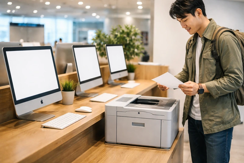 공항 인터넷 라운지의 깔끔한 목재 데스크 위에 여러 대의 데스크톱 컴퓨터와 프린터가 놓여 있고, 한 여행자가 방금 출력한 빈 종이를 들고 서 있는 모습. 밝고 정돈된 공항 편의 공간 분위기가 느껴진다.