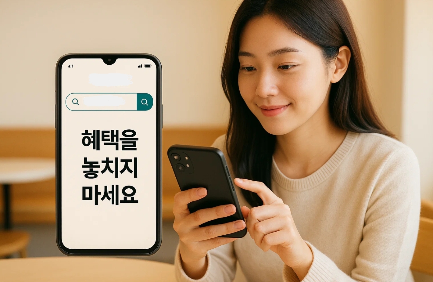 혜택알리미 앱을 검색하는 한국 여성 – '혜택을 놓치지 마세요' 문구가 보이는 스마트폰 화면