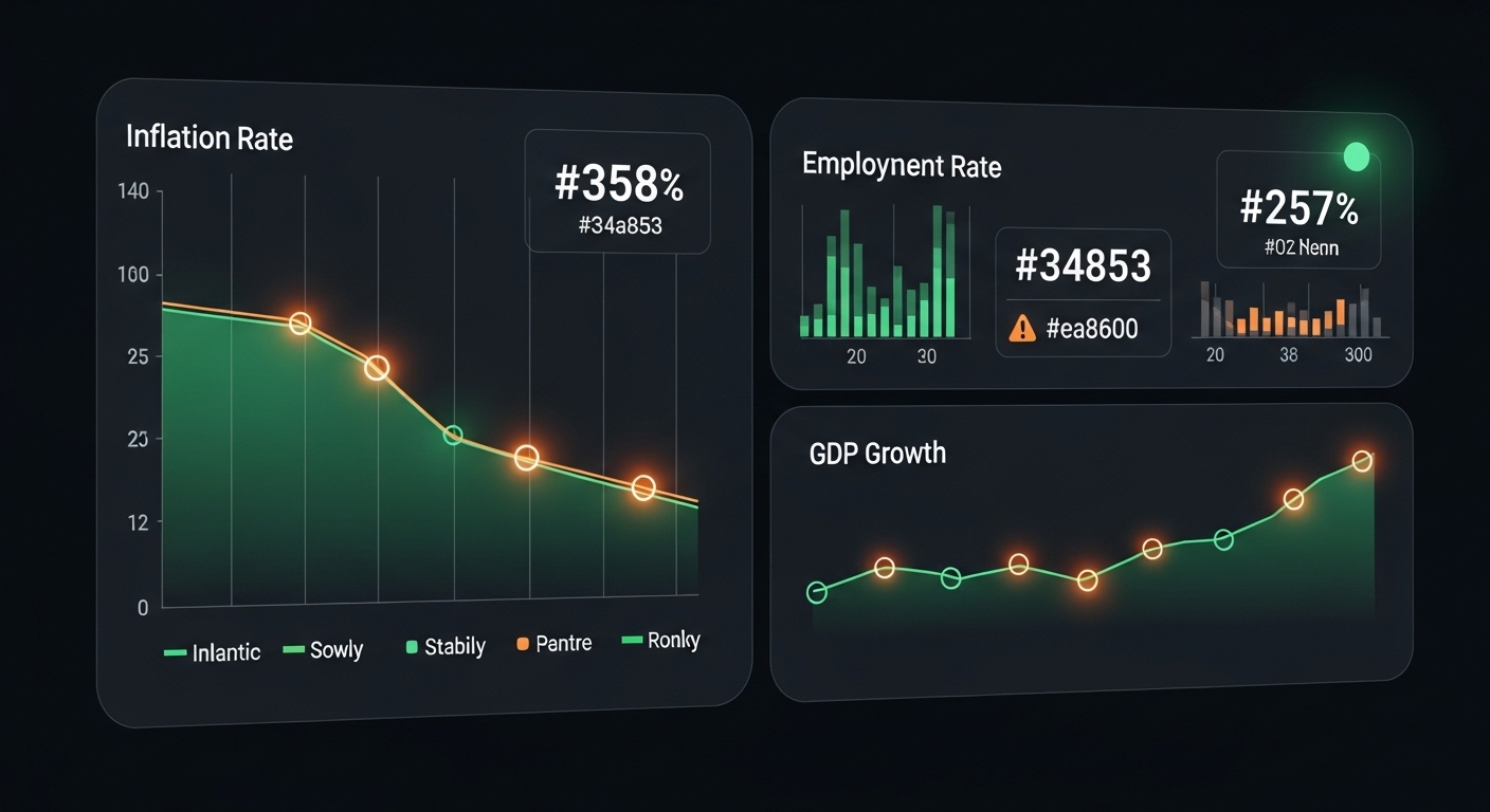 미국 GDP, 실업률, 인플레이션 등 주요 경제 지표를 시각적으로 보여주는 현대적인 대시보드.