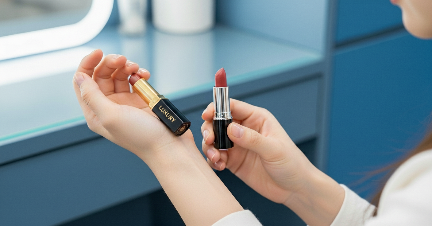 손등에 립스틱 발색을 비교하는 한국 여성의 손, 고급 브랜드와 듀프 립스틱을 세심하게 비교하는 모습