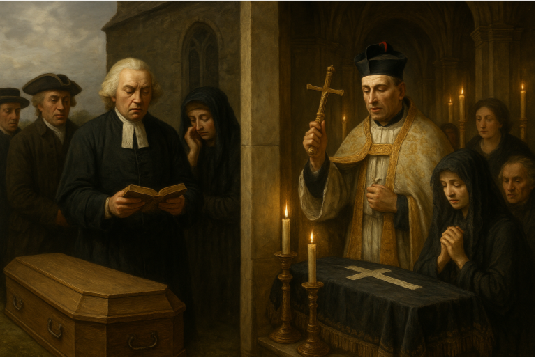 18세기 영국 장례식(좌), 프랑스 장례식(우) 이미지입니다.