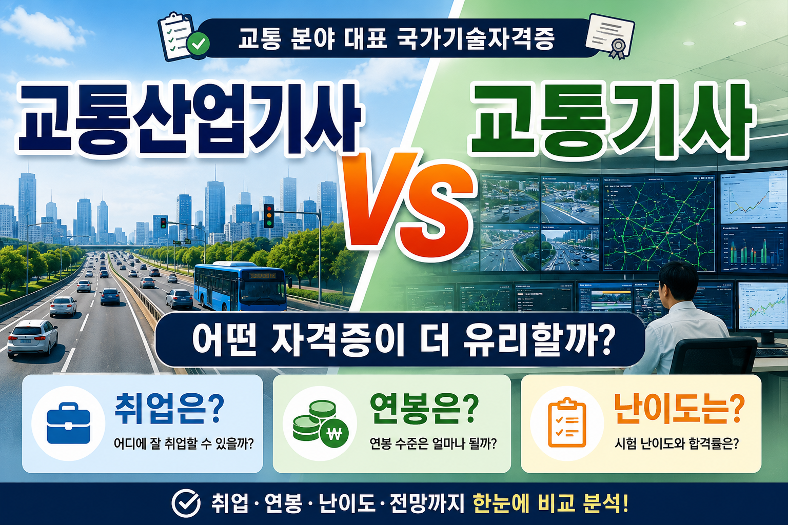 이미지 출처: AI 생성 이미지(콘텐츠 이해를 돕기 위한 시각 자료, 실제 인물을 특정하지 않은 AI 생성 이미지) 
교통산업기사 vs 교통기사 비교 대표 이미지. 취업 전망, 연봉 수준, 시험 난이도, 응시자격 차이를 한눈에 정리한 교통 분야 국가기술자격증 비교 인포그래픽.