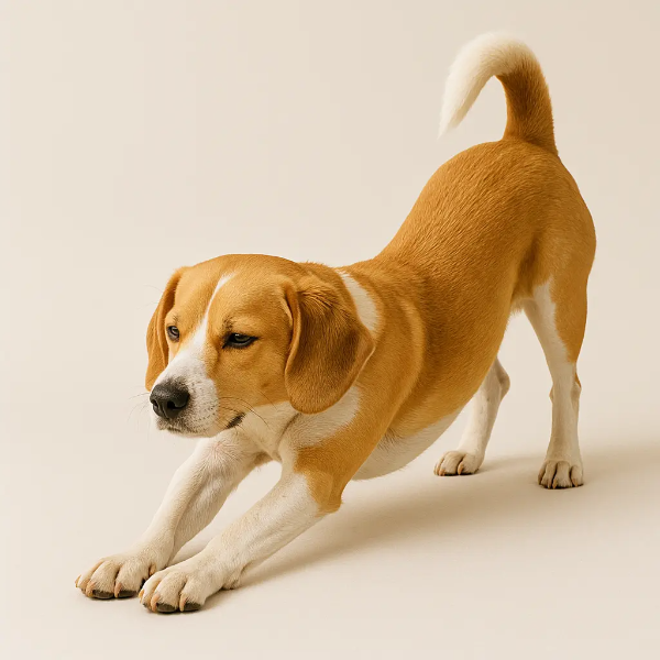 스트레칭 자세를 취하고 있는 강아지, 장 건강과 운동의 중요성을 표현한 밝은 스튜디오컷